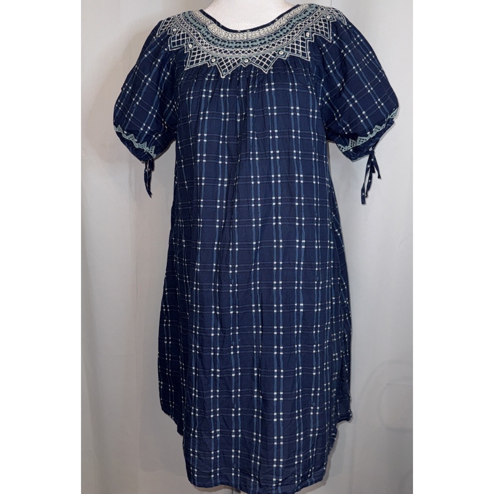 Madewell Mini Dress Women's Size Small A-line Embroidered Navy Blue Plaid Cotton